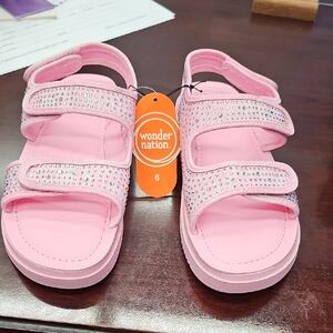 wonder nation Pink Rhinestone Triple-Strap Velcro Sandals